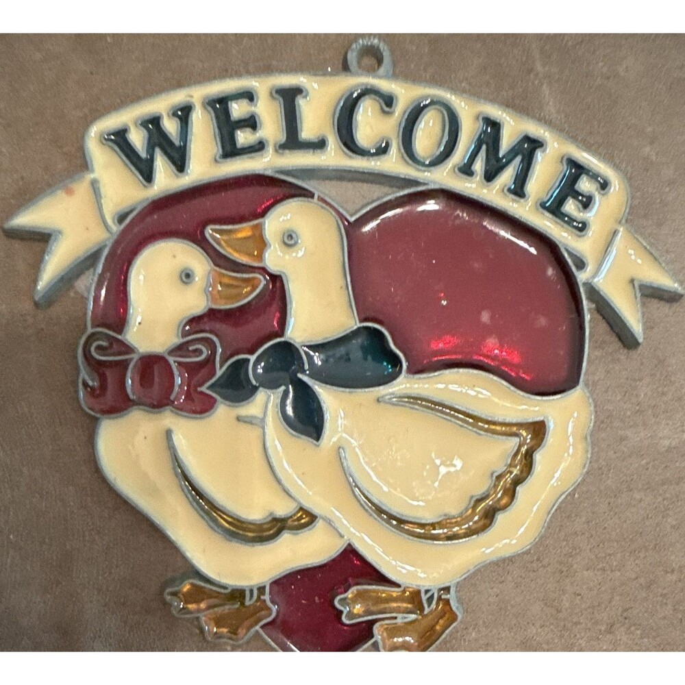 Hanging WELCOME Duck Couple Suncatcher Mobile, Plastic, Multicolor